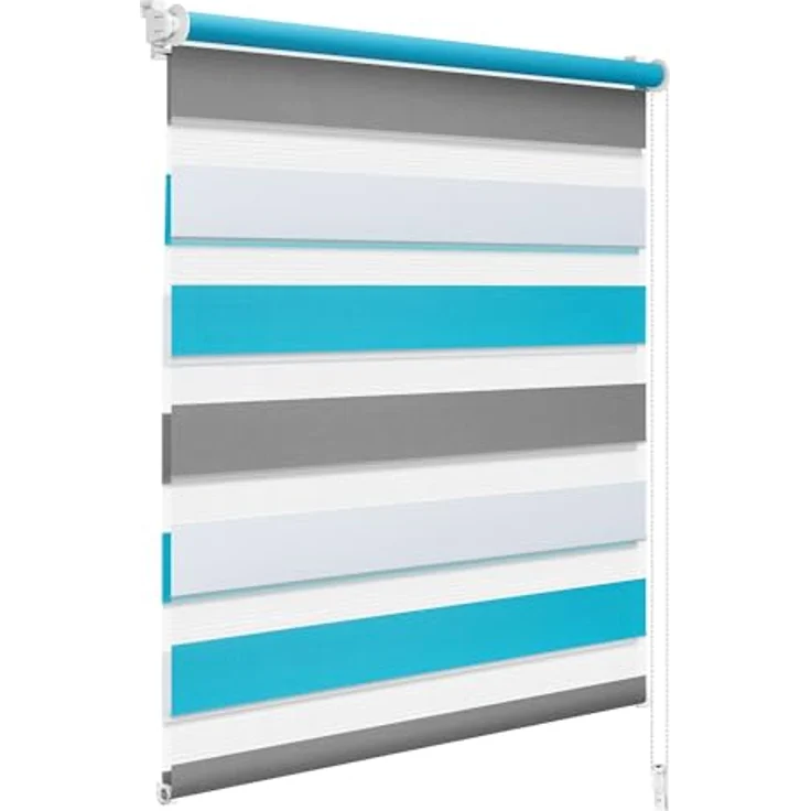 WOLTU Doppelrollo Klemmfix ohne Bohren 80x150 cm, Weiß+Grau+Türkis | Duo Rollos für innen Fenster & Tür, Zebrarollo Lichtdurchlässig Fensterrollo Seitenzugrollo Verdunkelnd, Stoffbreite 77 cm – Bild 1
