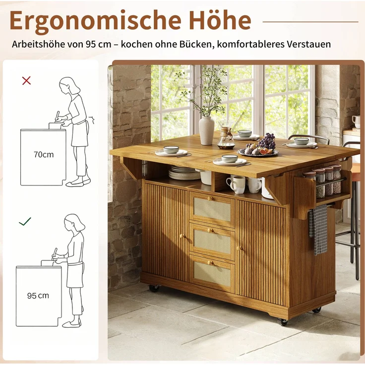 Küchenwagen mit klappbaren Seitenflächen, PE-Rattan-Schubladen, 142,5x80x95 cm, Dunkelbraun – Bild 6