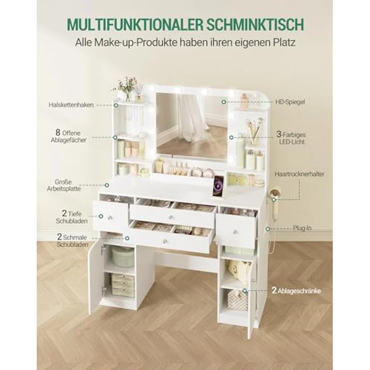 Schminktisch mit LED-Beleuchtung, mit Stecker und Föhnhalter, große Tischplatte 108 cm, Schminktisch mit 2 großen Schubladen mit Schmuckablage, 2 Schränke, 40 x 108 x 144 cm, Weiß – Bild 4