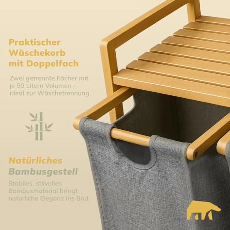 Roxlin Wäschekorb aus Bambus, 100L mit 2 Fächern und herausnehmbarer Ablage, grau – Bild 3