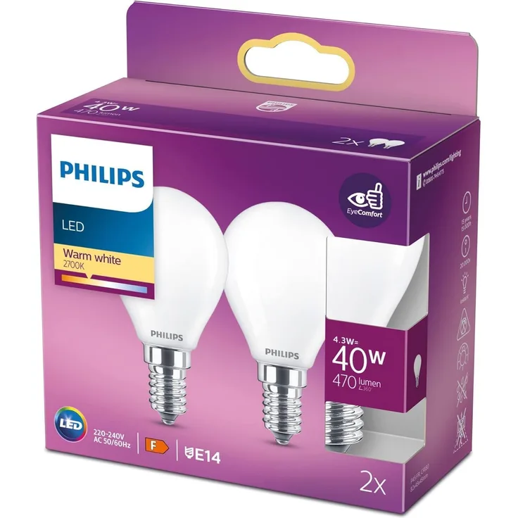Philips LED classic Lampe 40W E14 Tropf Warmw 470lm matt 2erP