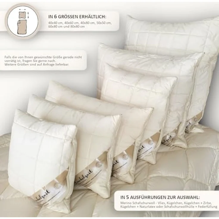 Meivita Naturhaarkissen Merino Schafschurwolle Kopfkissen, Füllung: 100% Wolle (Schurwollkügelchen), Bezug: Baumwolle, Rückenschläfer, Seitenschläfer, Bauchschläfer, Kissen Hergestellt in Deutschland – Bild 3