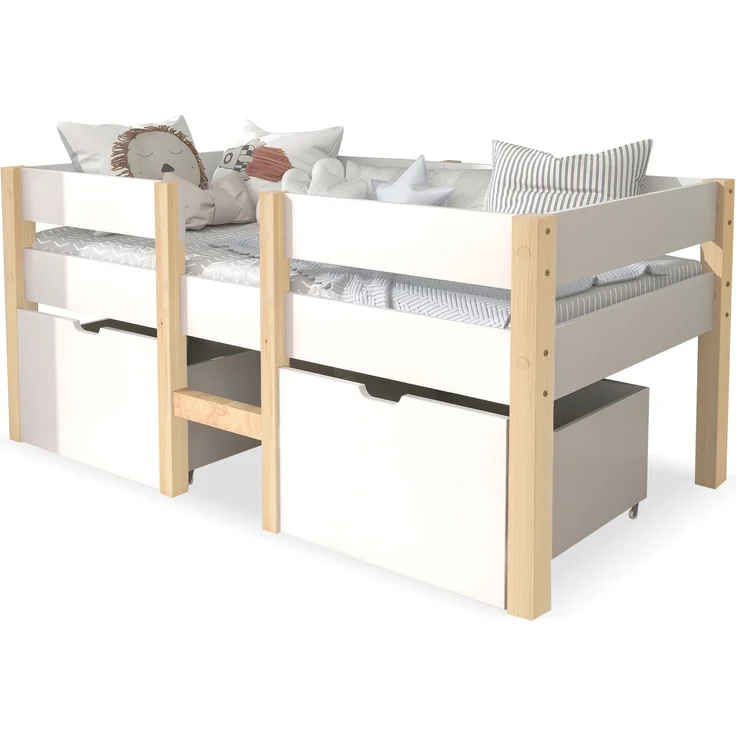 Bett Kinderbett mit Schublade und Rausfallschutz, Kiefer-Vollholz-90x190 cm-Weiß & Eiche – Bild 4