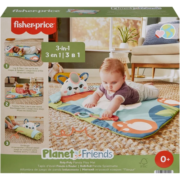 FISHER-PRICE Rolli-Roll Panda Spielmatte - Große 3-in-1 Spielmatte zum Mitnehmen, kontrastreiches Muster, Knisterspielzeug und Spiegel, 90 % recylcled, FSC-zertifizierten Verpackung HKD65 – Bild 8