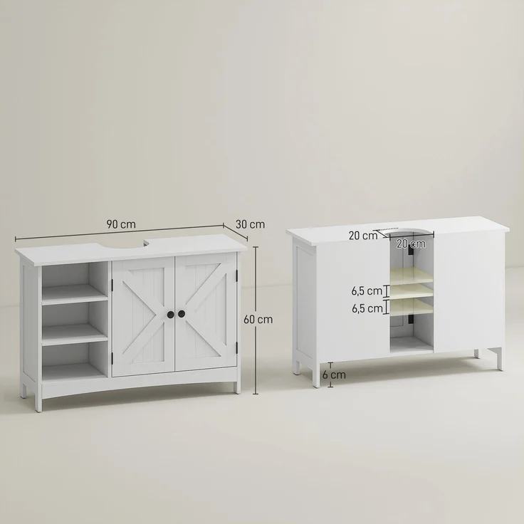 Waschtischunterschrank für das Badezimmer im klassischen Stil, Schrank mit 2 Türen und verstellbaren Einlegeböden, 90 x 30 x 60 cm, weiß – Bild 5