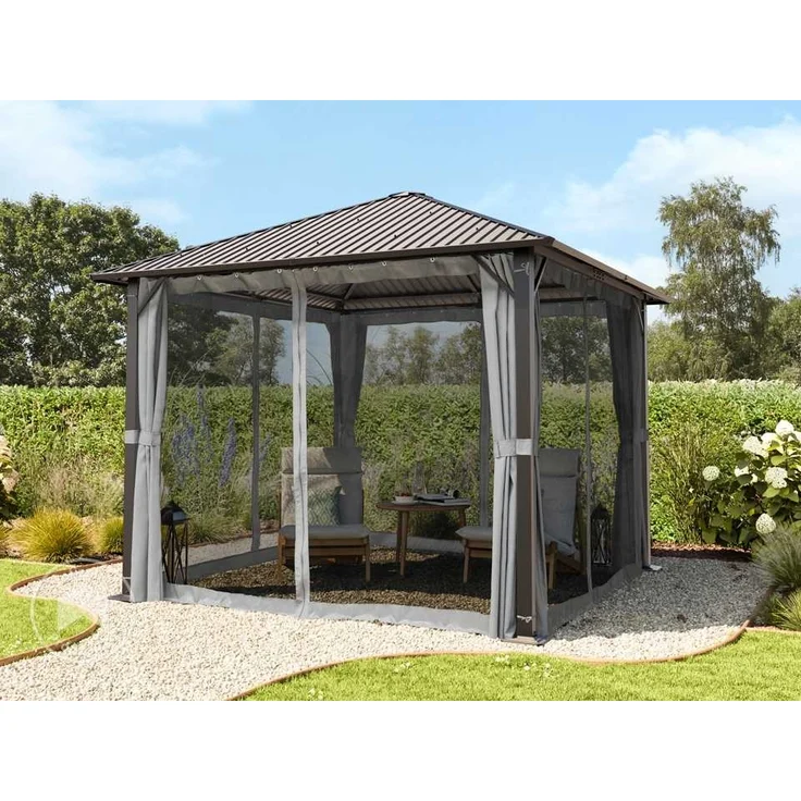TOOLPORT Gartenpavillon 3x3 m mit Stahldach - Hardtop Pavillon mit 4 Seitenteilen und Moskitonetzen in Grau – Bild 4