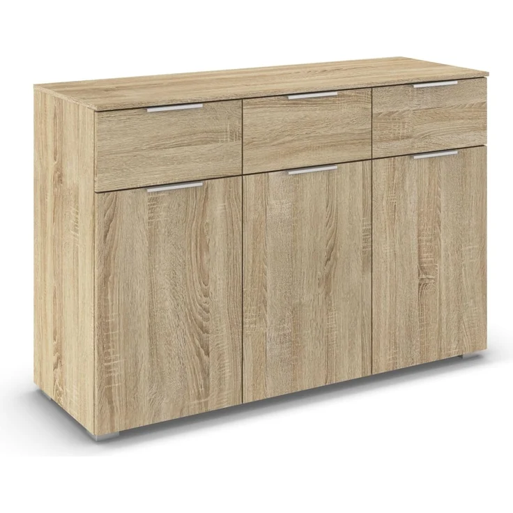 Rauch Möbel Alabama, Kommode für Schlafzimmer, Kinderzimmer, Garderobe, Flur, 3-türig, mit 3 Schubladen, Soft-Close-Fuktion, Farbe Eiche Sonoma, Holz, Griff Alufarben, Maße 120 x 81 x 42 cm – Bild 1