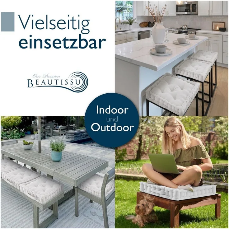 Beautissu Stuhlkissen 2er Set Bodenkissen Sitzkissen Mila, 50x50cm, Natur, Matratzenkissen 10cm, 100% Baumwolle Stuhlkissen Indoor & Outdoor – Bild 4
