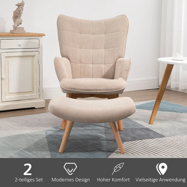 Ohrensessel mit Hocker Relaxsessel Polstersessel Cord-Optik Loungesessel Armlehnstuhl Holzbeine Fernsehsessel Beige für Wohnzimmer--Beige--72x80x101cm--YOUDENOVA – Bild 6