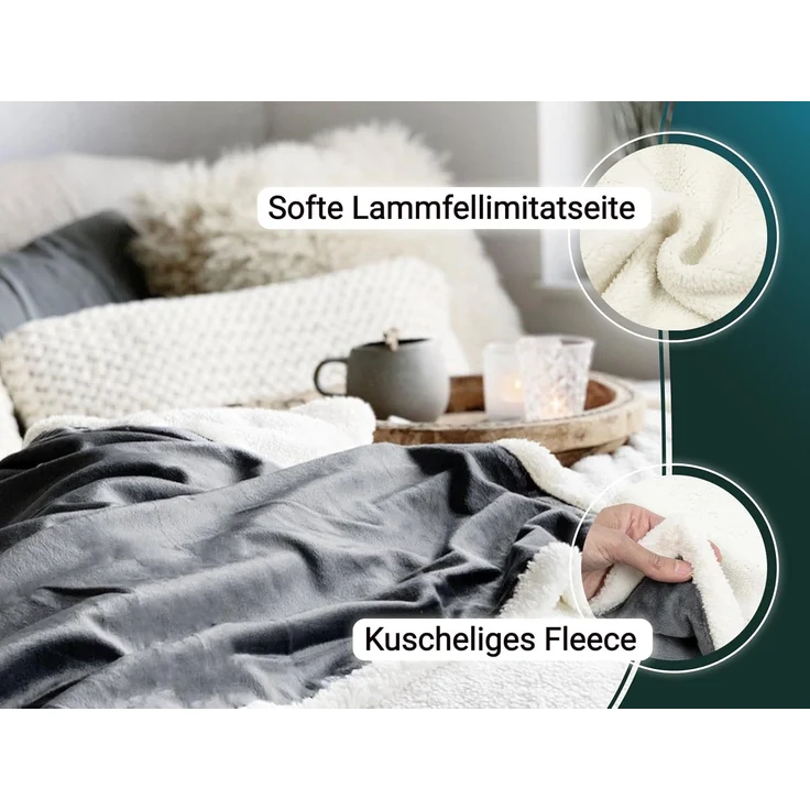 ZOLLNER Kuscheldecke, Wendedecke, mit Lammfellimitat, grau, 220x240 cm – Bild 2