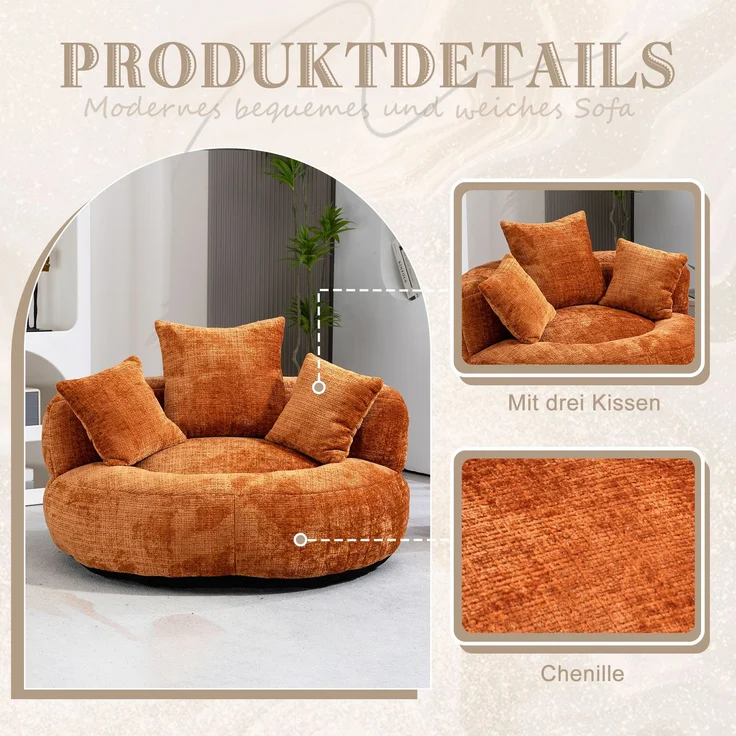 LVHOM XXL Sitzsack Chenille mit 3 Kissen, Lazy Sofa Kuschelig & Atmungsaktiv, Memory Foam Split, 108x108x52cm – Bild 3