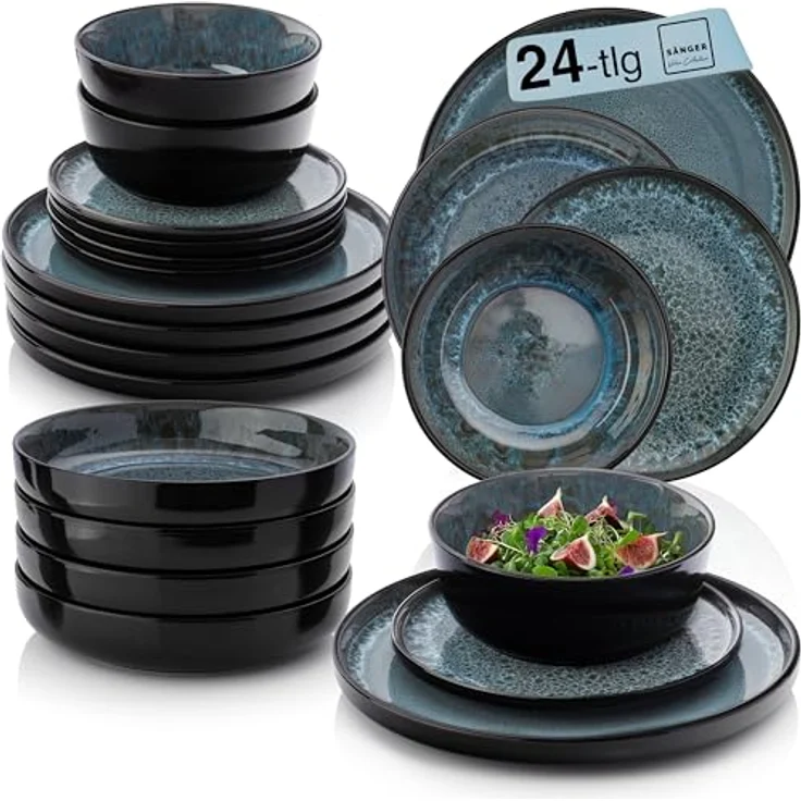 Sänger Manila Tafelservice, 24-teilig, Blau, Steingut, kratzfest, rund, 26.5 cm, spülmaschinen- und mikrowellenfest – Bild 1