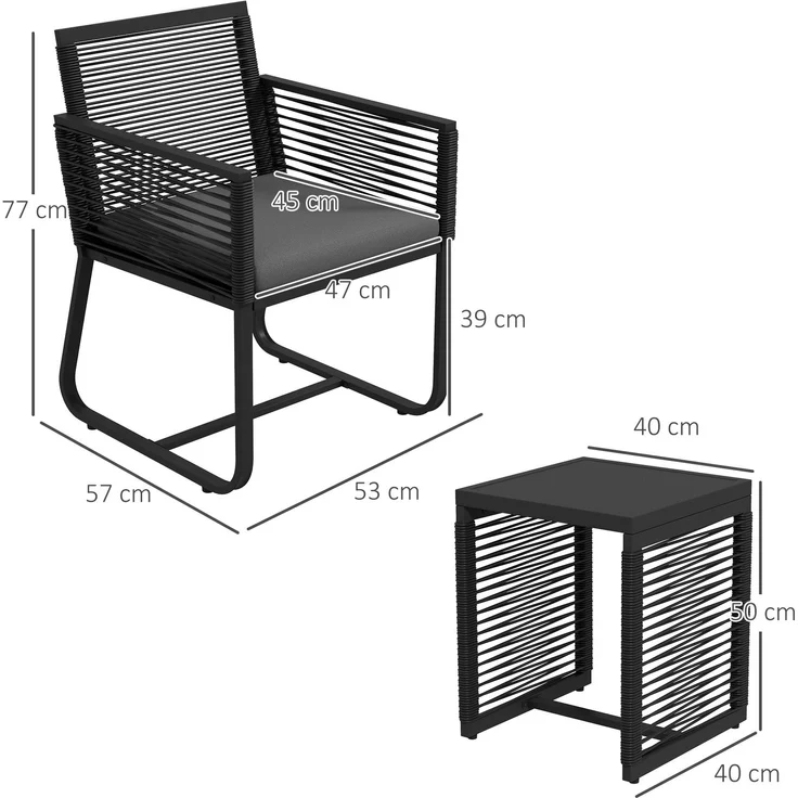 3-teiliges Bistro-Set, Balkon-Set, Terrassen-Set, wetterbeständig, modernes Design, 53 cm x 57 cm x 77 cm, Schwarz + Grau--Schwarz--77x53x57cm--YOUDENOVA – Bild 5