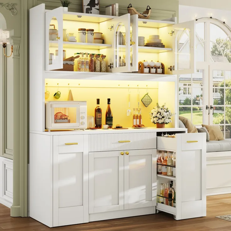 Hochküchenschrank 120cm mit RGB-LED, App-Steuerung, 3 Glasvitrinen, Schubkästen & beidseitigen Roll-Ablagen, Weiß/Schwarz