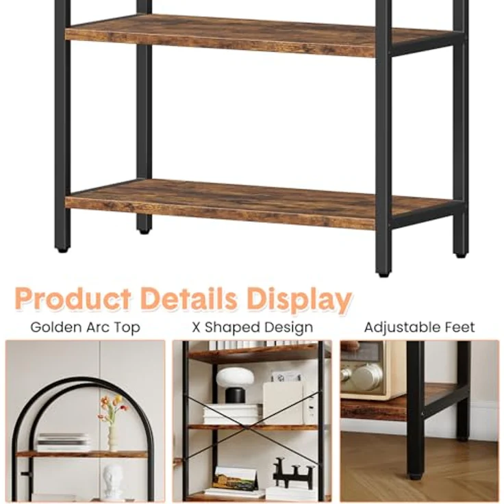 GarveeLife Bücherregal mit 5 Ebenen, 60x28x180cm, Industrielles Gebogenes Bücherregal mit Offenen Regalen für Zuhause, Büro, Wohnzimmer, Schlafzimmer, braun – Bild 4