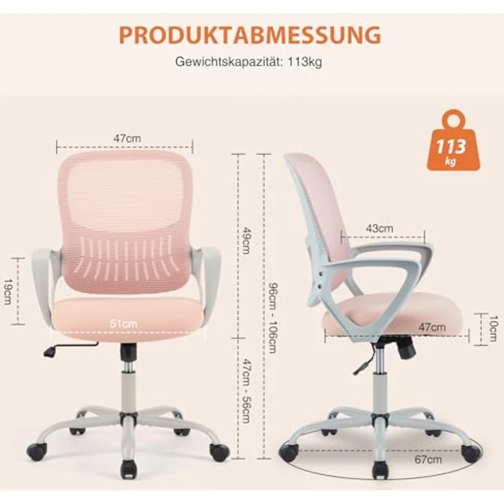 Sweetcrispy Bürostuhl Ergonomisch, Schreibtischstuhl mit Lendenwirbelstütze, Verstellbaren Armlehnen Drehstuhl, Höhenverstellbarer Office Chair, Bürostühle Geeignet für Büro und Schlafzimmer (Pink) – Bild 4