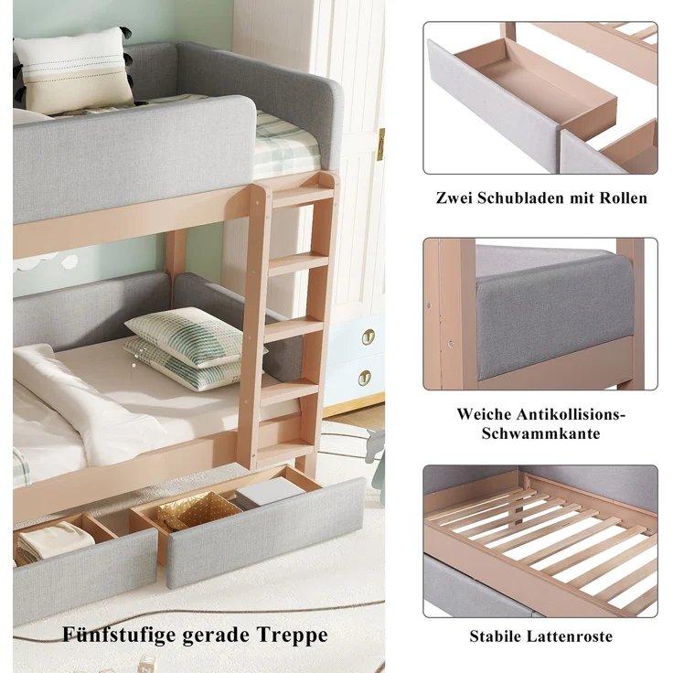 Merax Etagenbett, 90x200cm Kinderbett, Weiche Antikollisions-Schwammkante, Vierstufige gerade Treppe, Mit zwei Schubladen, Stabile Lattenroste, Grau+Natur – Bild 6