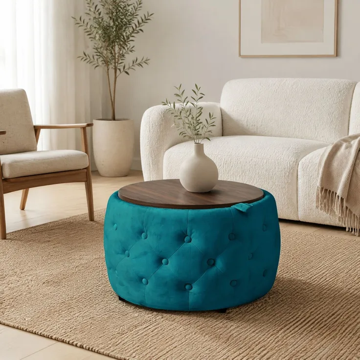 Hocker-Set, 2 Stück, H 38 x T 60 x B 60 cm, blauer Samtbezug, ineinander verstaubar, mit Stauraum