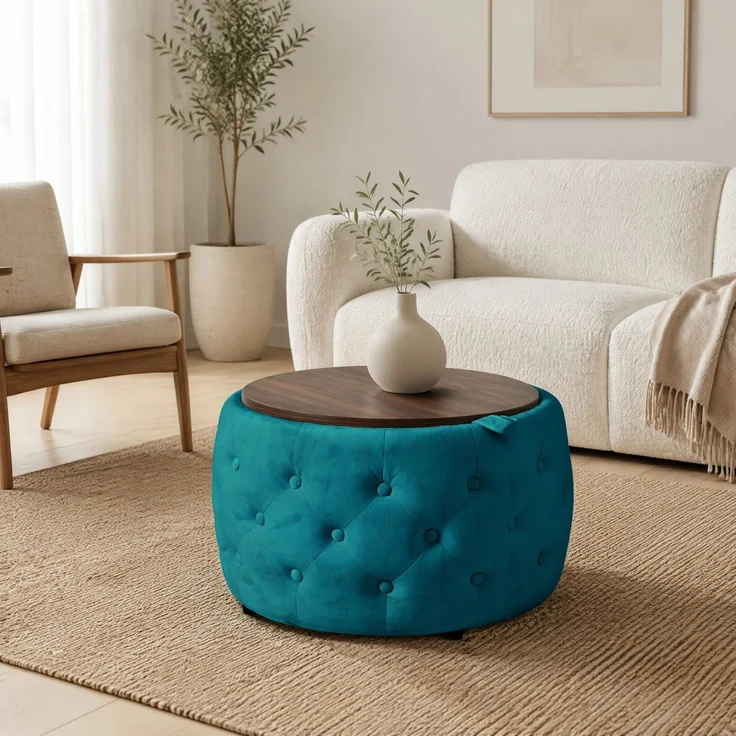 Hocker-Set, 2 Stück, H 38 x T 60 x B 60 cm, blauer Samtbezug, ineinander verstaubar, mit Stauraum – Bild 1