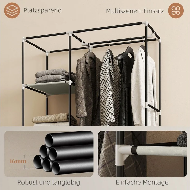 Luckice Stoffschrank Stoffschrank, Aufbewahrungslösung mit 6 Regalen & 1 Kleiderstange (103x43x162,5 cm, Creme, mit Rollen) – Bild 2