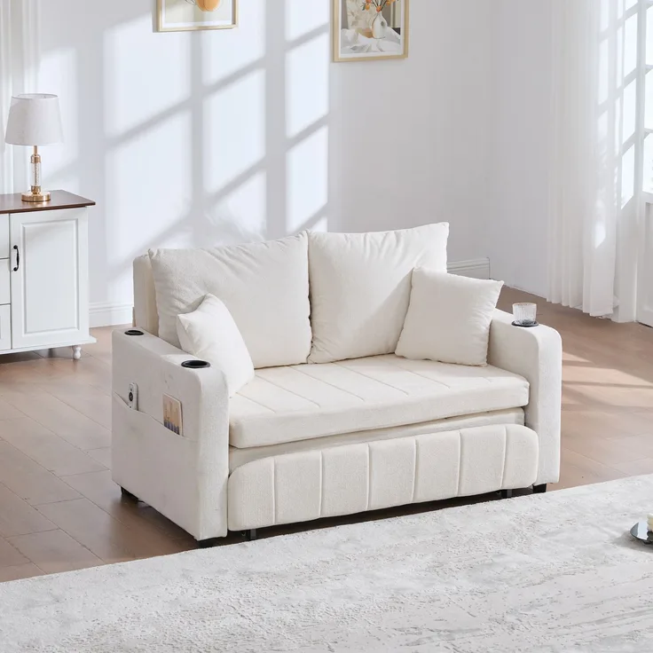 Wohnora-Multifunktionales Stoffsofa, ausziehbares Klappsofa, als Sofa oder Bett nutzbar, mit Aufbewahrungstaschen an den Armlehnen, mit USB-Ladefunktion und Getränkehaltern (beige Chenille),H 83cm x T 139cm x B 73cm