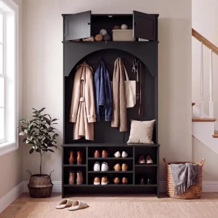 IRONCK Garderobenständer, Garderobe mit Sitzbank und Schuhregal Schwarz | Flurmöbel mit Oberschrank, 4 Dreifach-Haken und 7 Schubfächern, Kleiderständer, Eingangsmöbel für Schlafzimmer 100x35x186 cm – Bild 9