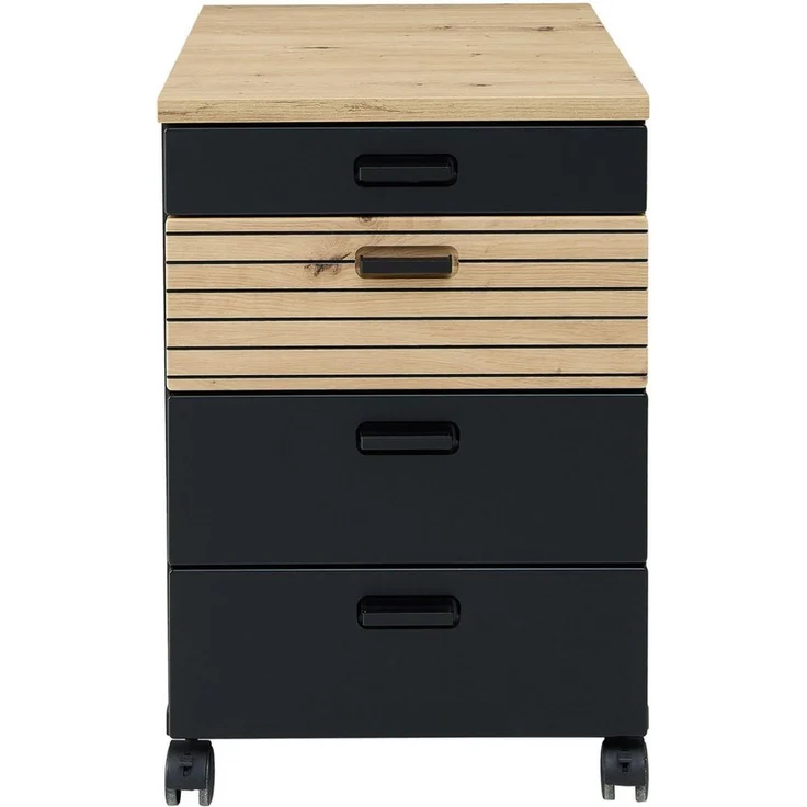 Stella Trading Glenn Rollcontainer Schreibtisch in Schwarz, Artisan Eiche Optik - Mobiler Büroschrank mit Schubladen - 45 x 66 x 55 cm (B/H/T) – Bild 5