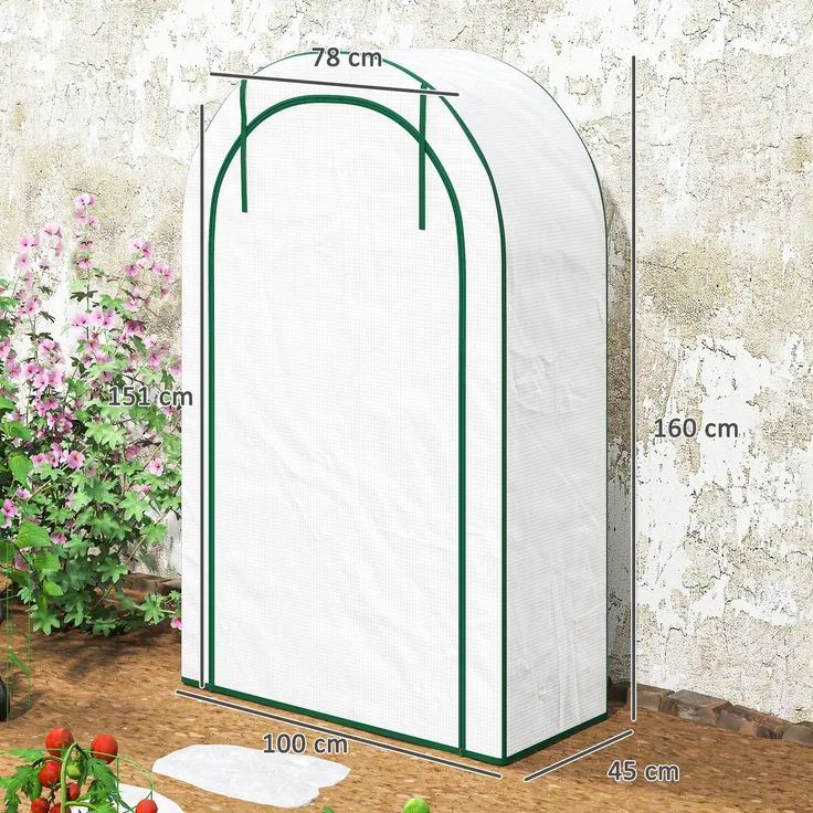 Wohnora-Gewächshaus mit Runddach Tür, Regale, winterfest Foliengewächshaus aus Stahl, Treibhaus für Balkon, Garten, Tomatenhaus 100 x 45 x 160 cm, Tomatengewächshaus für Tomaten, Gemüse, Blumen, Weiß,H 160cm x T 100cm x B 45cm