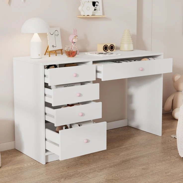 Schreibtisch 120x45x74 cm mit 5 Schubladen, mattweiß und rosa Keramikgriffen – Bild 3