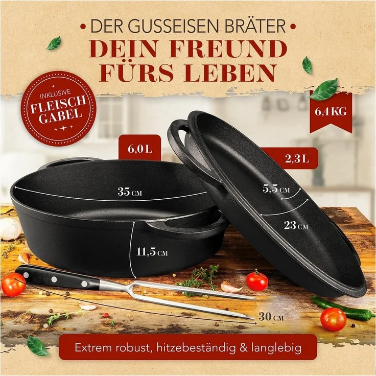 Krustenzauber Bräter 35cm Gusseisen Bräter mit Deckel backofengeeignet inkl. Fleischgabel, (Gusseisen Topf XXL - Idealer Schmortopf Kazan, Bräter Induktion), Gusseisenpfanne backofengeeignet – Bild 2