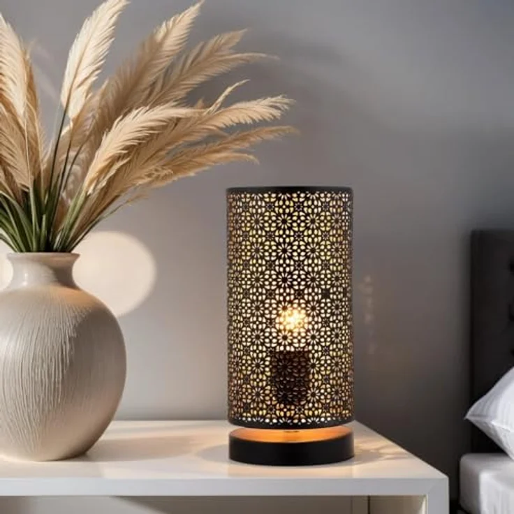 Marrakesch Tischlampe Tuza, 25cm große Nachttischlampe aus schwarzem Metall mit E27 Fassung, orientalisches Design für Wohnzimmer und Schlafzimmer – Bild 6