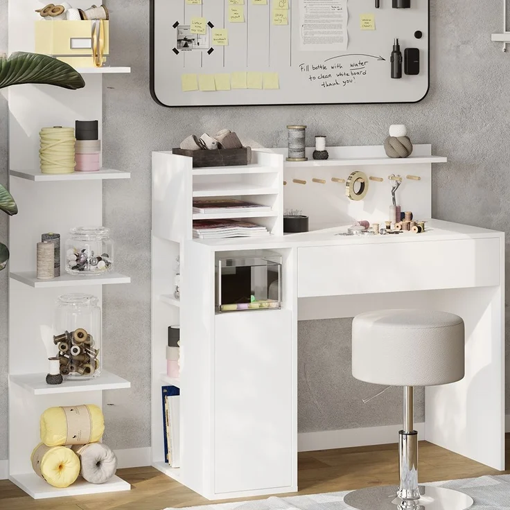 Schreibtisch Weiß 3 Teile, mit Bücherregal und Hocker Vicco – Bild 5