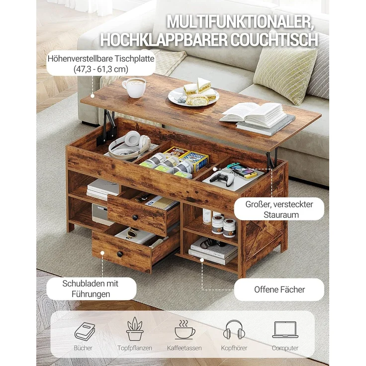 Couchtisch, höhenverstellbarer Wohnzimmertisch, Sofatisch, 2 Schubladen und Versteckter Stauraum, 50 x 100 x 47,3-61,3 cm, für Wohnzimmer, Esszimmer, Büro, Vintage Braun-Schwarz – Bild 3