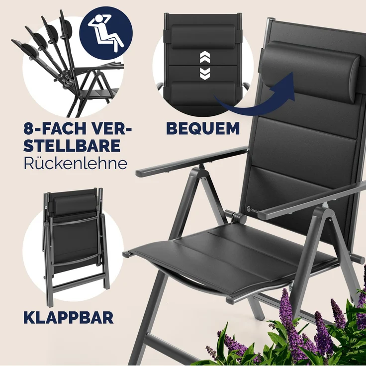 CASARIA® Alu Gartenstühle 2er Set Gepolstert 8-Fach Verstellbar Anthrazit – Bild 3