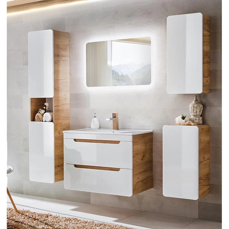 Badezimmer Unterschrank hängend LUTON-56, Hochglanz weiß mit Wotan Eiche Nb, B/H/T ca. 35/68/32 cm – Bild 6