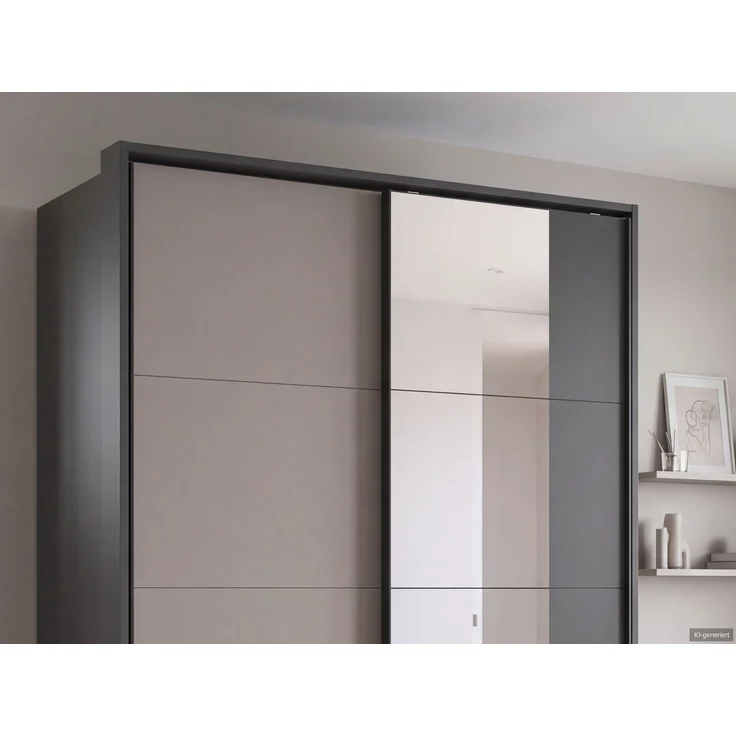 Schwebetürenschrank Kleiderschrank 138 cm Grafit Spiegel Sandgrau Passepartout – Bild 5