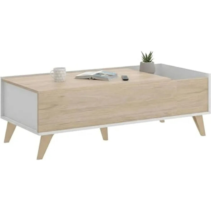 Dmora - Cuna Couchtisch, Wohnzimmer-Zeitungsständer mit Ablagefach, niedriger hochklappbarer Couchtisch, 99 x 60 x 41 cm, Eiche und Weiß – Bild 3