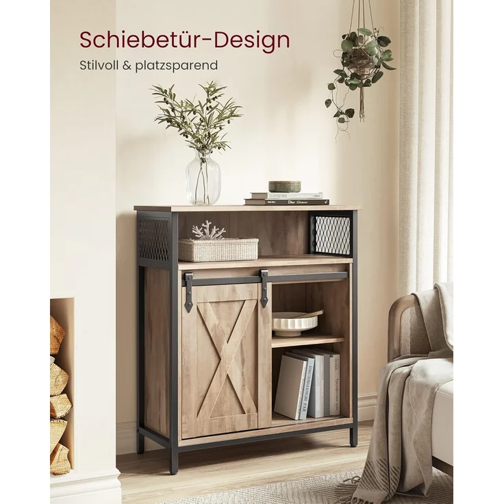 VASAGLE Sideboard, Küchenschrank, Aufbewahrungsschrank, mit Schiebetür, 30 x 70 x 80 cm, verstellbare Ablage, offenes Fach, Landhausstil, für Wohnzimmer, eichenbraun-schwarz LSC089B50 – Bild 8
