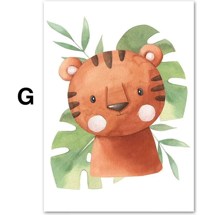 Poster Kinder süße Tiere mit Grünem Blatt Pandabär Giraffe Elefant Löwe Zebra Affe und Tiger als Deko Print ohne Rahmen - G / 50 x 70 cm
