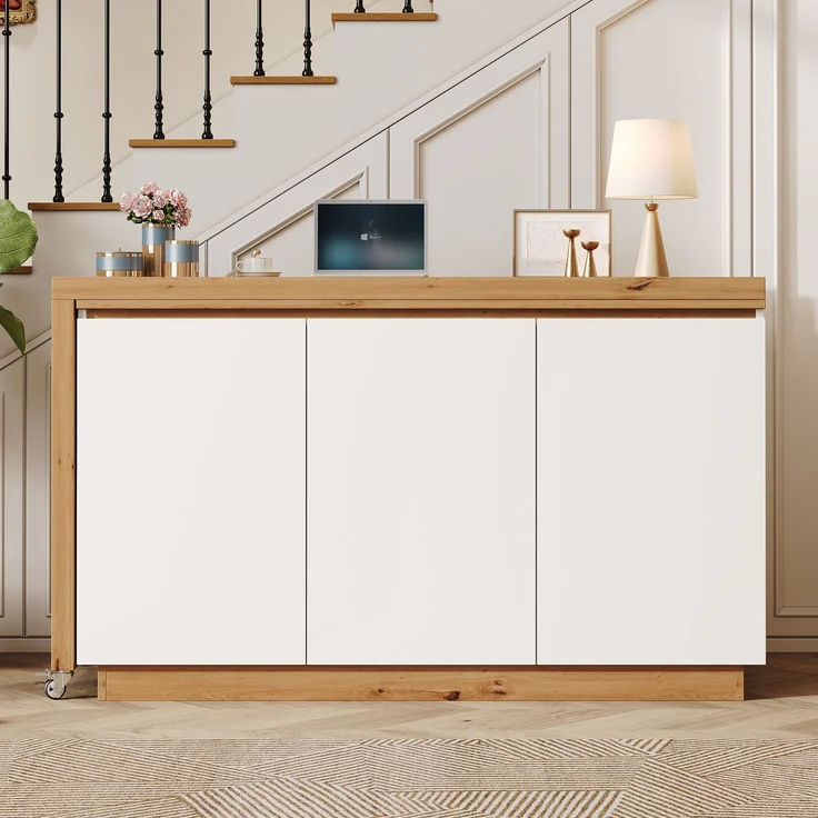 Flieks Drehbarer Schreibtisch, Sideboard mit Rollen, Stauraum und 4 cm starker Tischplatte, 124 x 45 x 82 cm, Weiß-Eiche – Bild 2