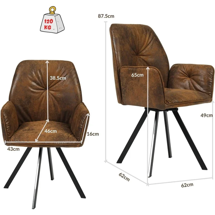 MEUBLE COSY Esszimmerstühle Drehbar 4er Set Küchenstuhl Polsterstuhl Drehstuhl mit Armlehne Sessel aus Wildleder Metallbeine, Sitzbreite 49 cm, für Esszimmer Wohnzimmer, Arbeitszimmer, Braun – Bild 3