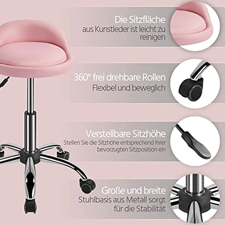 Yaheetech Rollhocker Bürohocker mit Rollen, Drehhocker mit niedriger Rückenlehne, Arbeitshocker Höhenverstellbar, Sitzhöhe 46,5-61 cm, Hellrosa – Bild 6