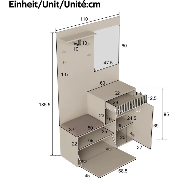 Flurschrank 110x37x185.5cm mit Sitzfläche,Soft-Close,verstellbaren Regalen,Spiegel,Haken,Schubladen,Stauraum,Beige & Creme – Bild 8