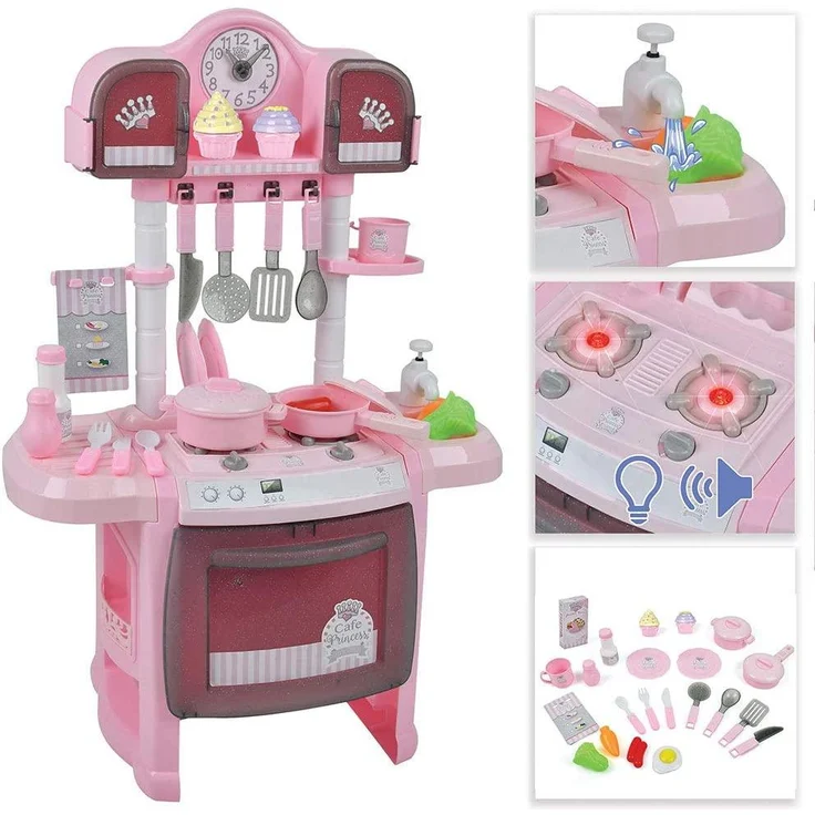 Hauck Spielküche Princess, inkl. 22teiliges Zubehör, 2 Herdplatten mit Licht und Sound, Wasserpump-Funktion am Spülbecken - Rosa – Bild 2