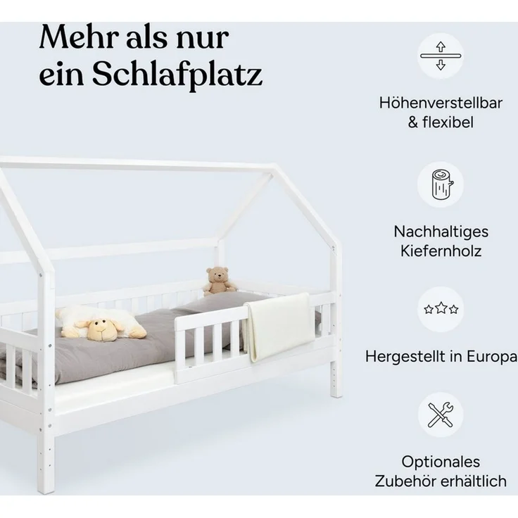 Ehrenkind Hausbett aus nachhaltigem Kiefernholz (mit abnehmbarem Rausfallschutz aus nachhaltigem Holz, Erhältlich in Natur und Weiß Kinderbett 80x160/90x200 cm), höhenverstellbar, nachhaltiges Kiefernholz, hergestellt in Europa – Bild 2