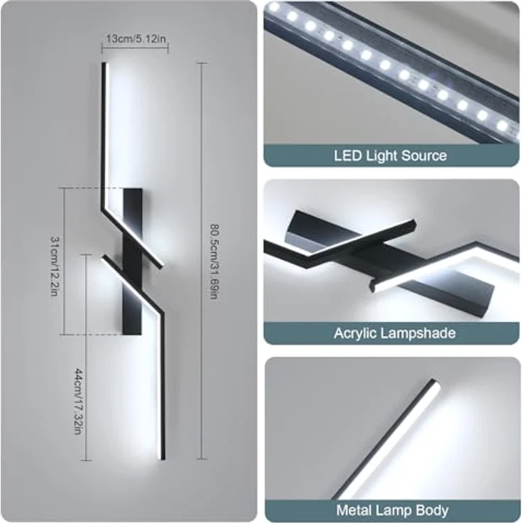 Goeco LED Wandleuchte Innen, 81 CM 24W LED Wandlampe Lang 2 Fimmige 6500K Kaltweißes Licht, Modern Led Wandlampe Schwarz für Flur Treppenhaus Wohnzimmer Schlafzimmer – Bild 3