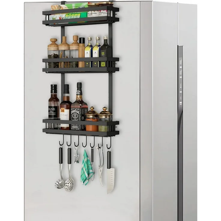 PFCTART Küchenorganizer-Set Hängeregal Küchenregal für Kühlschrank – 3-lagig & Metall, (Set, 1-tlg, Für Kühlschrank, Schrank & Möbel – Schwarz, Edelstahl), Ohne Bohren, inkl. Küchenreling & 7 Haken, starke Klebebefestigung