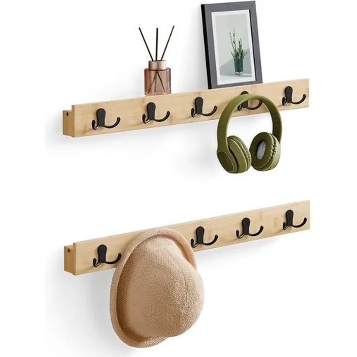 Songmics Wandgarderobe 2er Set, Garderobe mit Ablage, Wandmontage, 10 Zweifach-Metallhaken, platzsparend, für Flur Wohnzimmer Schlafzimmer, pro Haken bis 5 kg belastbar, naturbeige LCRDE052N01