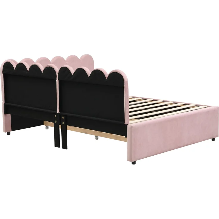 Merax Daybett Polsterbett 140x200cm mit Ausziehbett, Schlafsofa Tagesbett mit Austauschbarer Armlehne, Jugendbett Kinderbett mit Lattenrost, Samt, Rosa – Bild 6