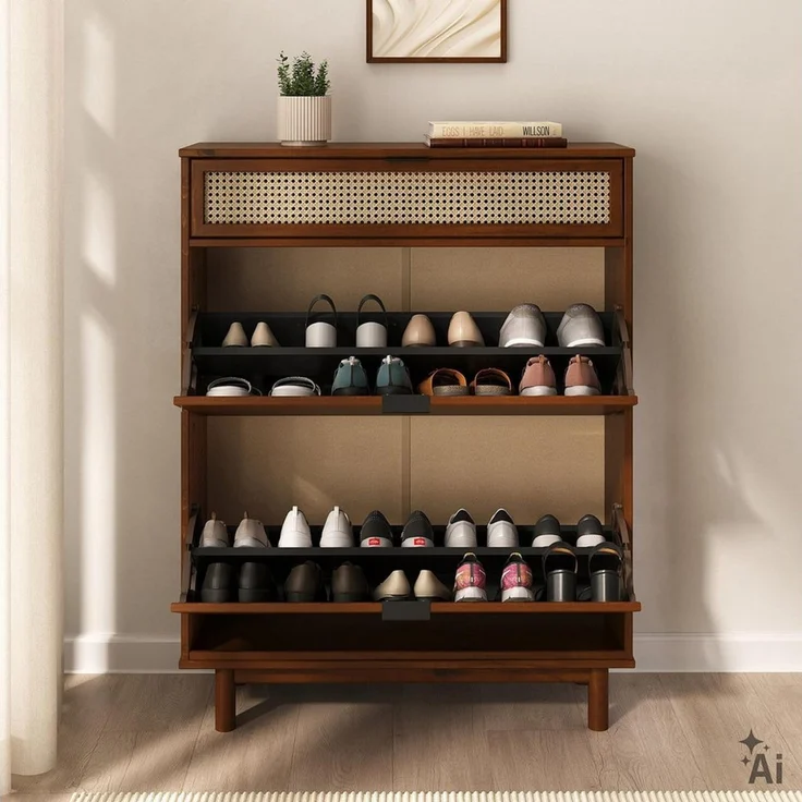 IDIMEX Schuhkipper JONTE, Schuhschrank aus Massivholz mit Rattangeflecht Kastanie Finish – Bild 3